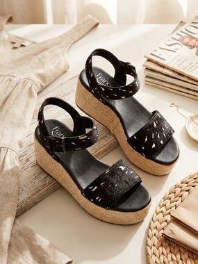 Franco Sarto Ben Spotted Calf Hair Leather Platform Jute Espadrille Sandal 8.5